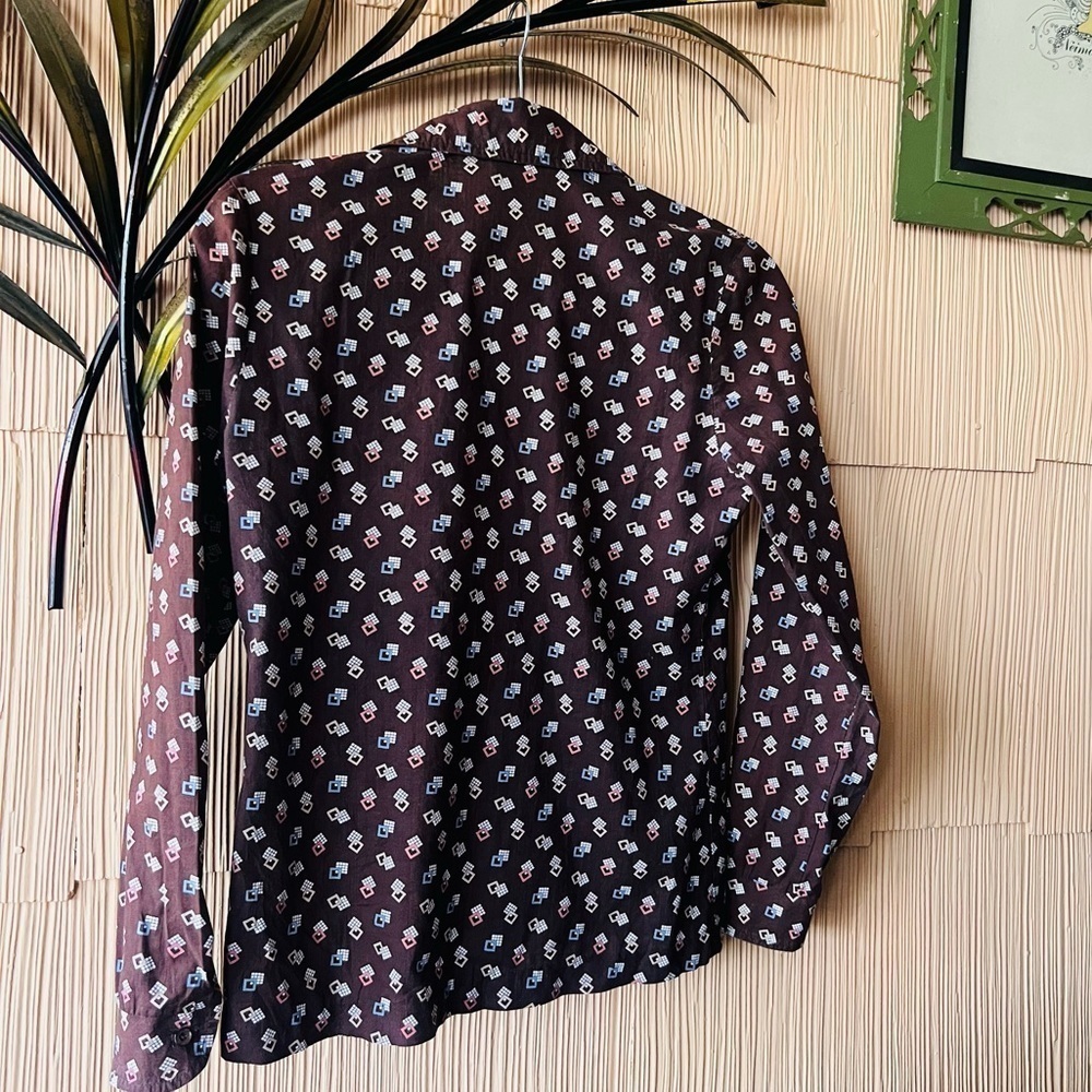 Vintage Blouse, 1970s Brown Graph Print Top Size Small - Picture 2 of 5